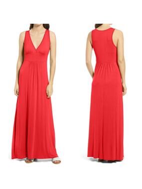 Loveappella | NWT Strawberry Pink Solid V-Neck Jersey Stretch Casual Maxi Dress